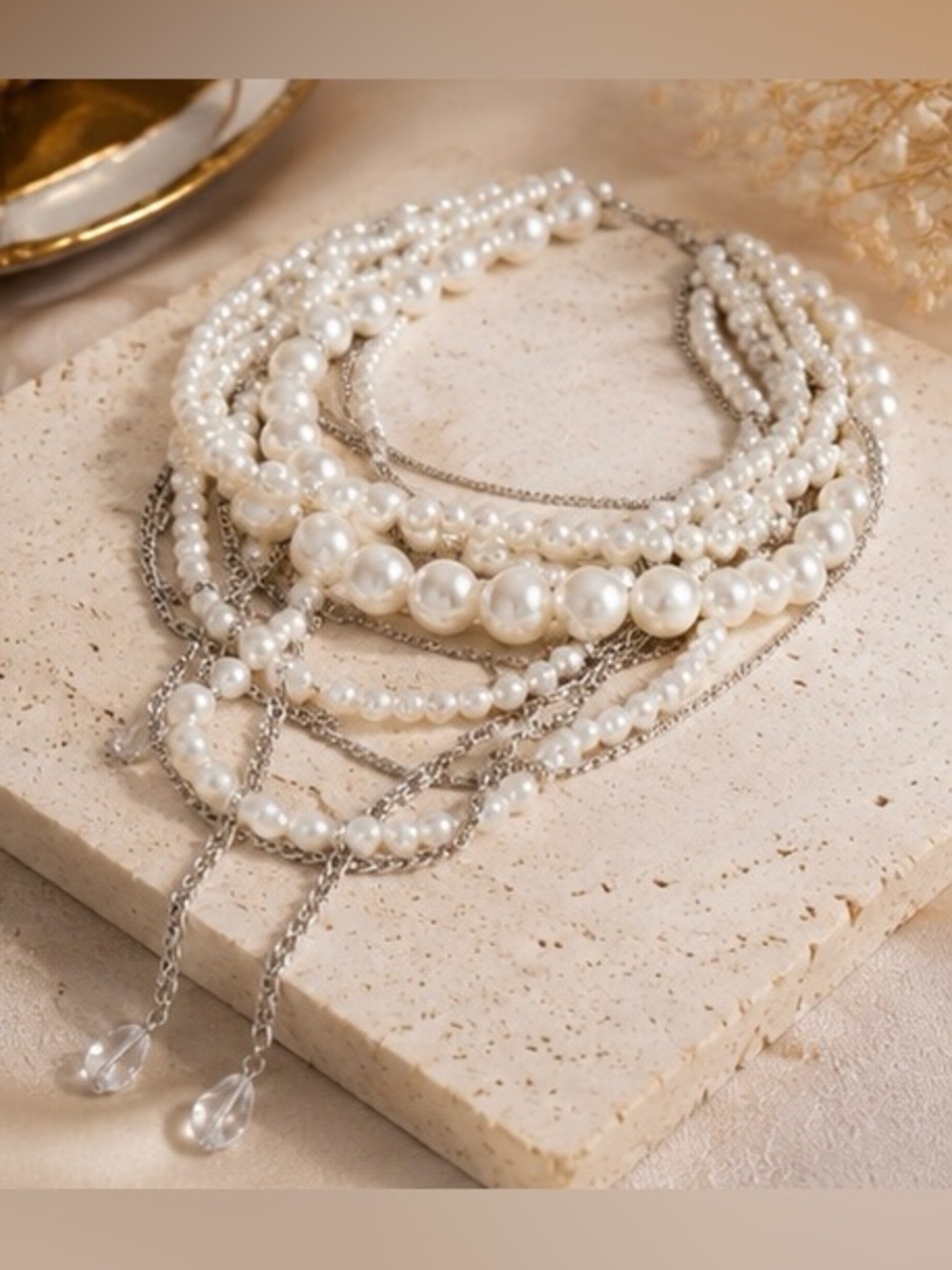 Layered Pearl & Silver-Tone Chain Statement Necklace – Multi-Strand Glam Jewelry